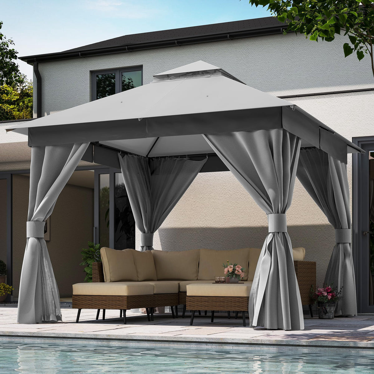 LOJIAWOWE 10x10ft Outdoor Canopy Gazebo with Reinforced Metal Frame Double Layer Roof Weather Resistant Shelter with Mosquito Netting Privacy Screens for Garden Patio