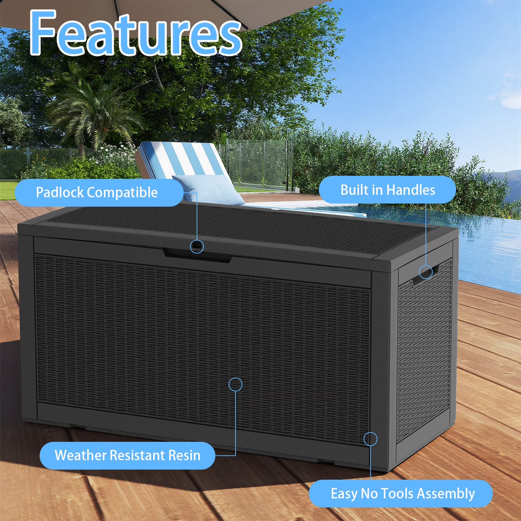 LOJIAWOWE 100 Gallon Resin Deck Box, Waterproof Lockable Outdoor Storage Container for Patio Furniture, Pool Supplies, Black