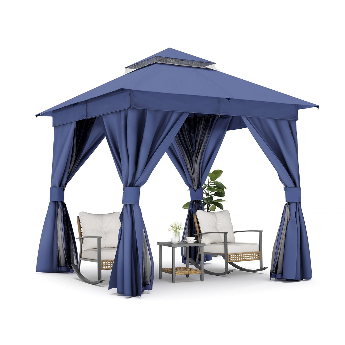 LOJIAWOWE 8x8ft Gazebo Canopy with Heavy Duty Metal Frame Double Roof Outdoor Patio Shelter with Mosquito Netting Privacy Curtains for Backyard Garden Lawn