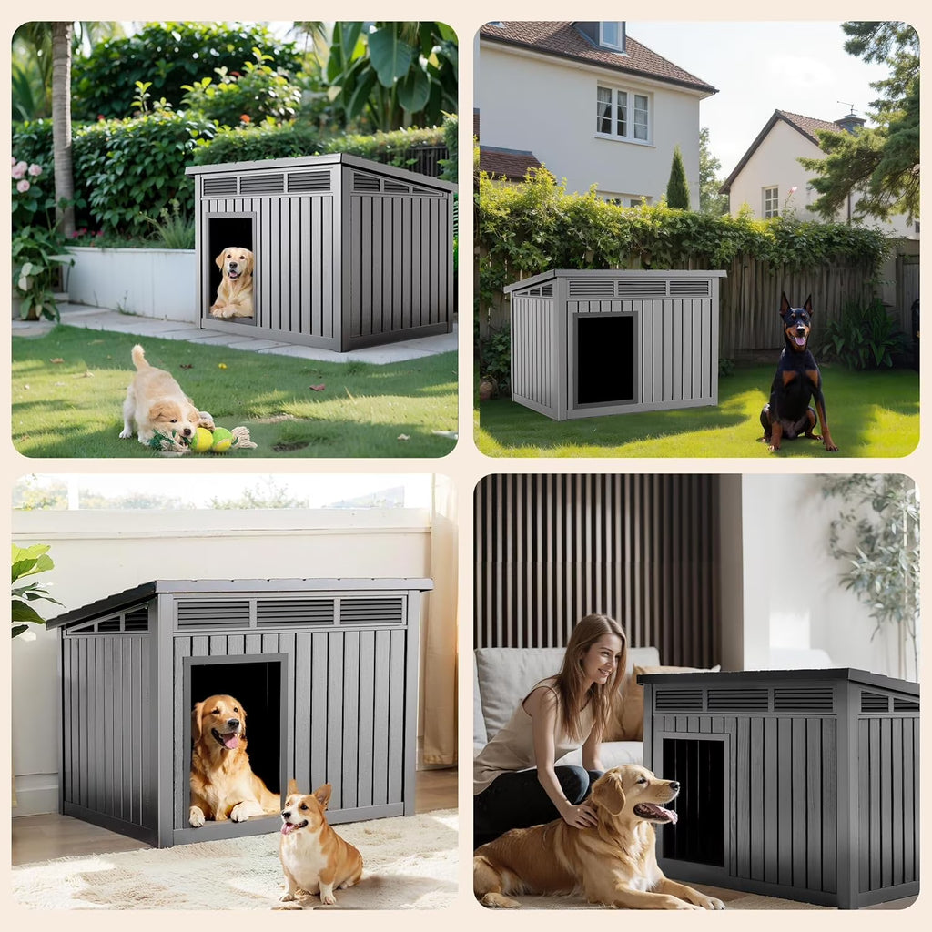 LOJIAWOWE Indoor Outdoor Dog House for Medium to Large Dogs, Weatherproof Asphalt Roof with Removable Floor & Ventilation, Easy-Clean Design (Black)
