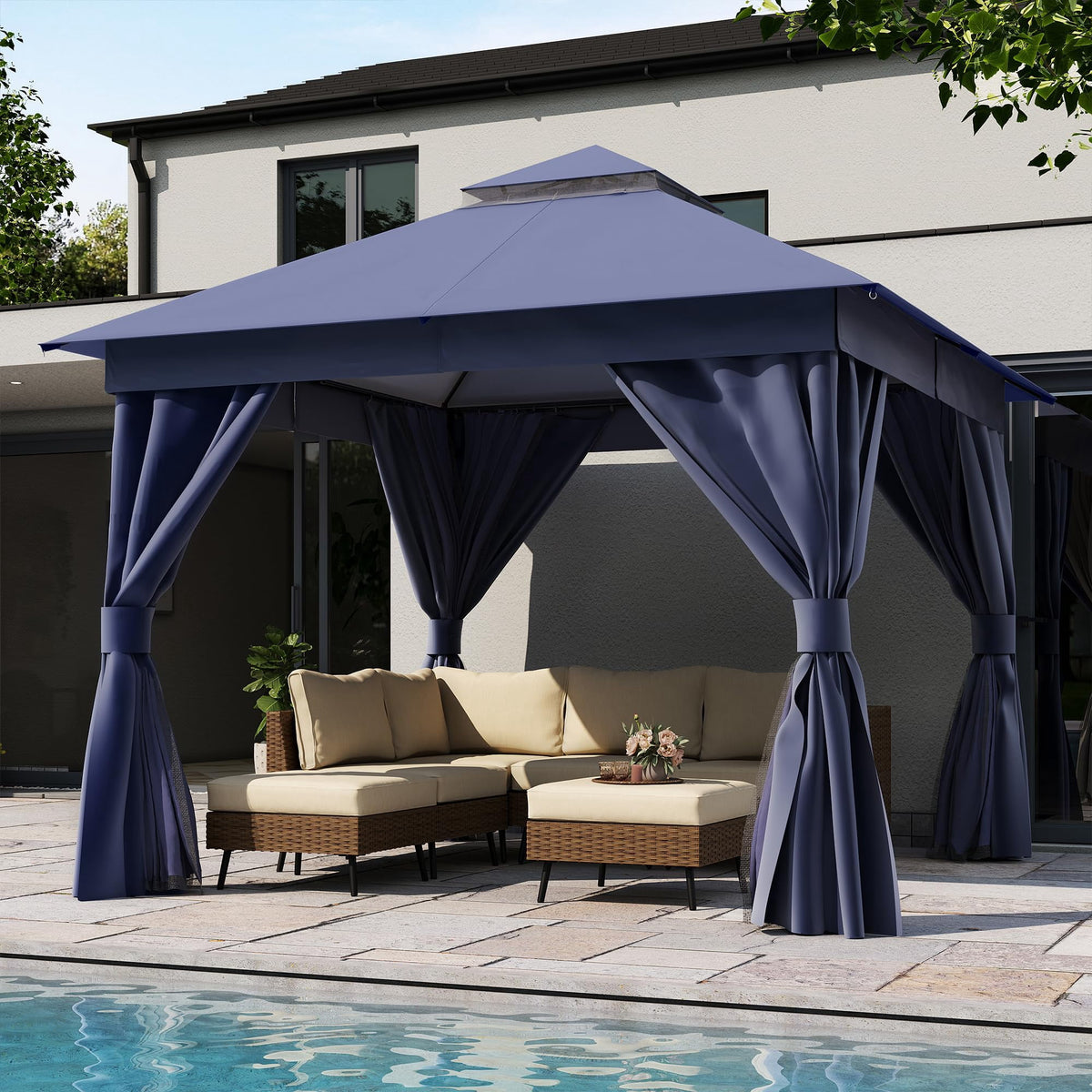 LOJIAWOWE 10x10ft Patio Gazebo Canopy with Sturdy Steel Frame Double Roof Design Outdoor Shelter with Mesh Netting Privacy Curtains for Backyard Lawn