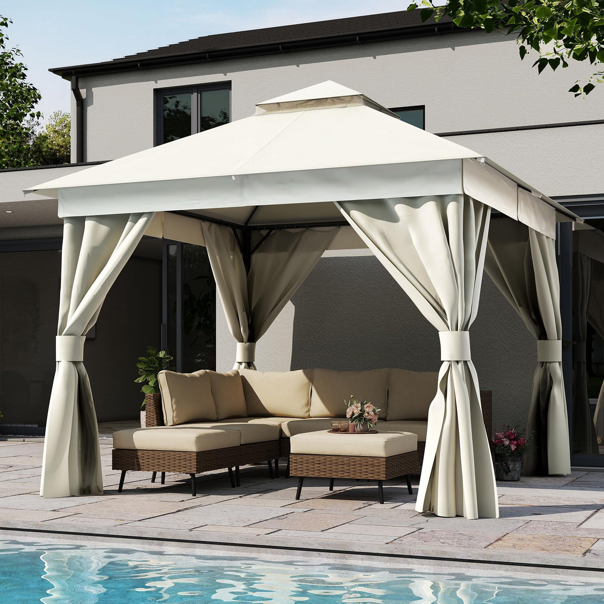 LOJIAWOWE 10x10ft Garden Gazebo Canopy Tent Heavy Duty Metal Frame Outdoor Patio Shelter with Double Top Mosquito Net Curtains Privacy Panels for Yard