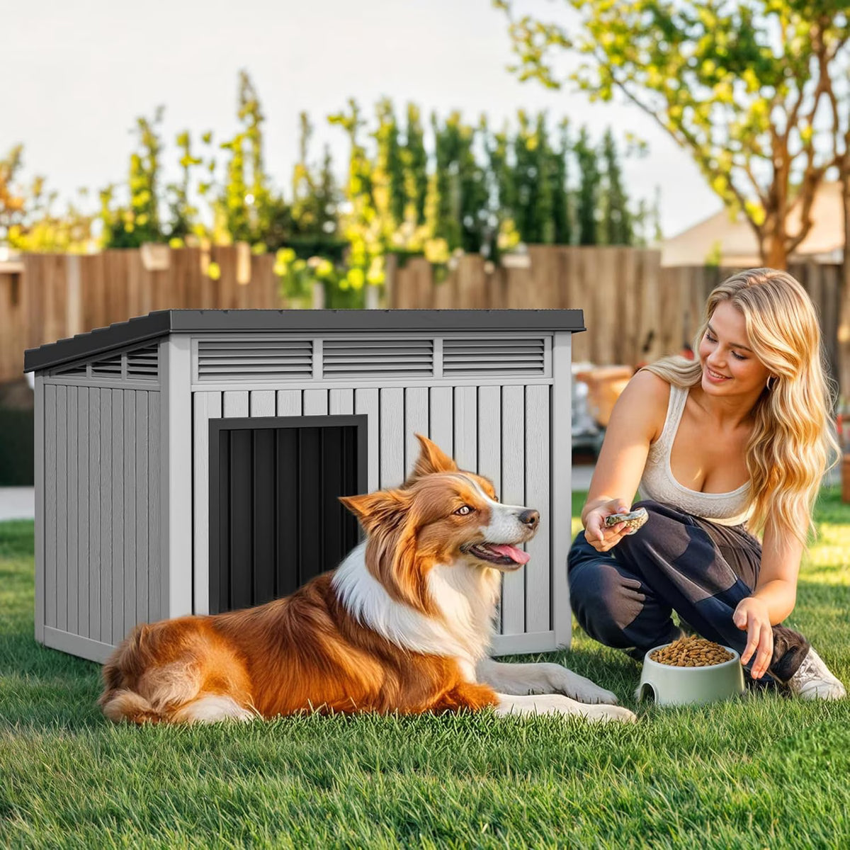 LOJIAWOWE Indoor Outdoor Dog House for Medium to Large Dogs, Weatherproof Asphalt Roof with Removable Floor & Ventilation, Easy-Clean Design (Black)