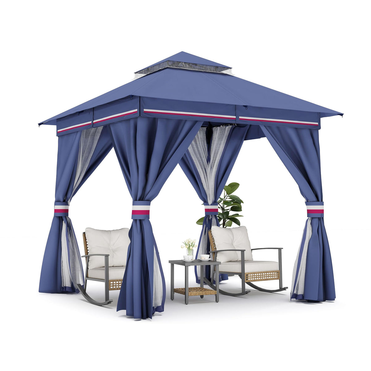 LOJIAWOWE 8x8ft Garden Gazebo Canopy Tent Heavy Duty Metal Frame Outdoor Shelter with Double Top Mosquito Net Curtains Privacy Panels for Patio Yard