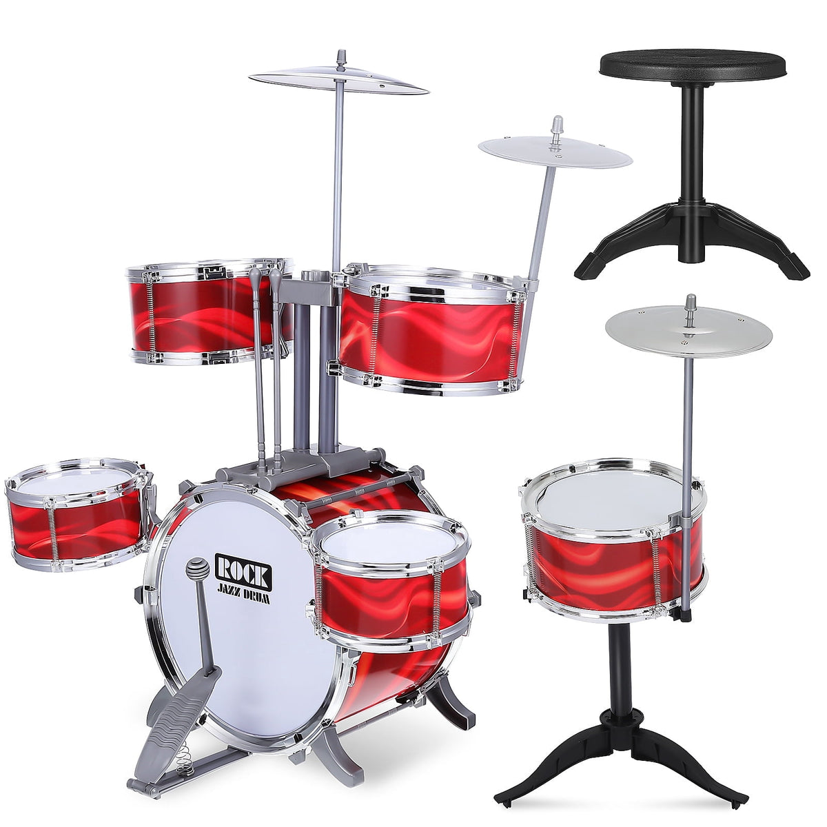 6 Drum Kids Beginner Jazz Drum Kit With Soft Decorative Lights Soft Light Easy Assembly Musical Play Toy For Boys Girls Aged Three Plus Daily Entertainment-Red
