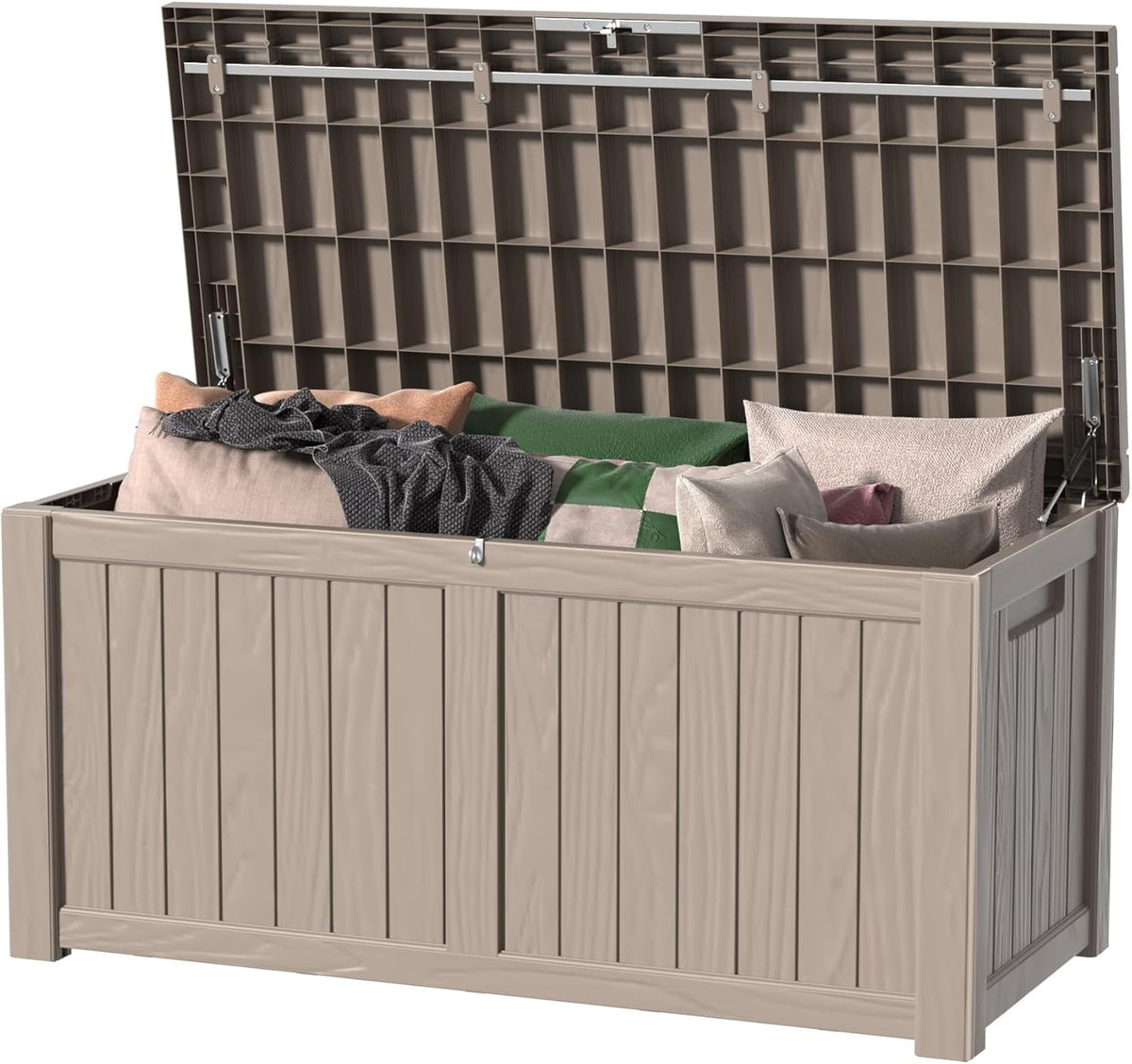LOJIAWOWE 180 Gallon Resin Deck Box, Waterproof Lockable Outdoor Storage Container for Patio Furniture, Pool Supplies, Light Brown