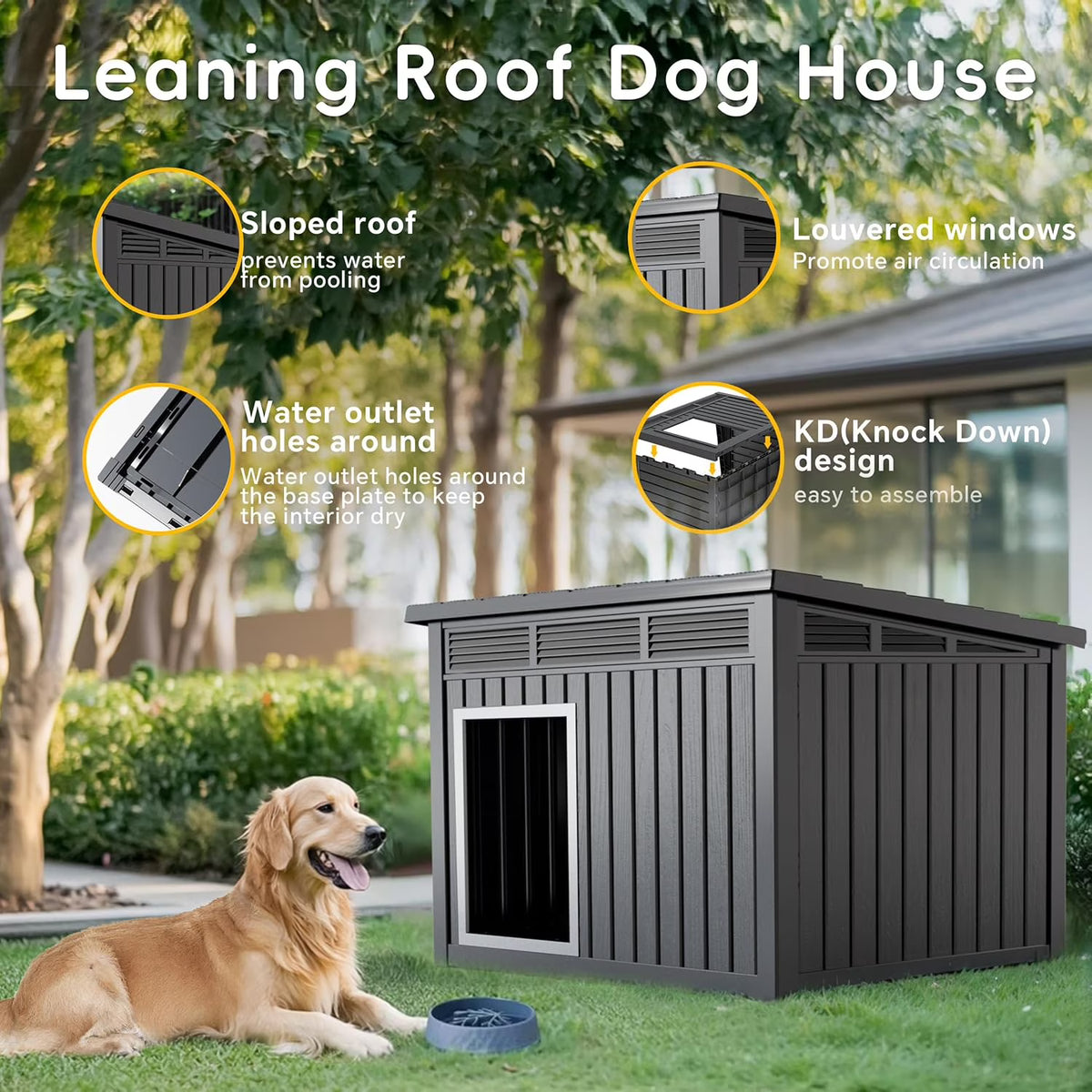LOJIAWOWE Indoor Outdoor Dog House for Medium to Large Dogs, Weatherproof Asphalt Roof with Removable Floor & Ventilation, Easy-Clean Design (Gray)