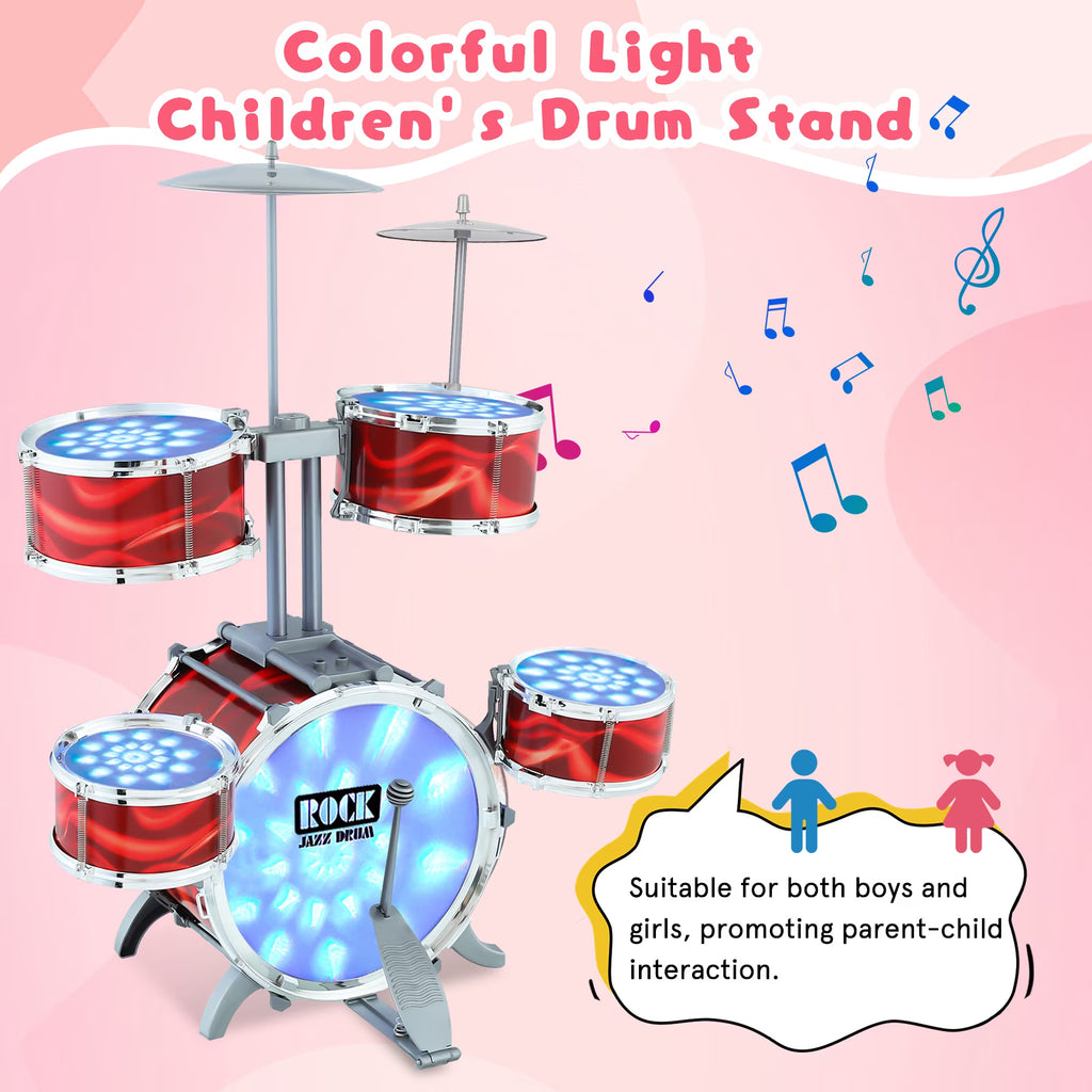 6 Drum Kids Beginner Jazz Drum Kit With Soft Decorative Lights Soft Light Easy Assembly Musical Play Toy For Boys Girls Aged Three Plus Daily Entertainment-Red