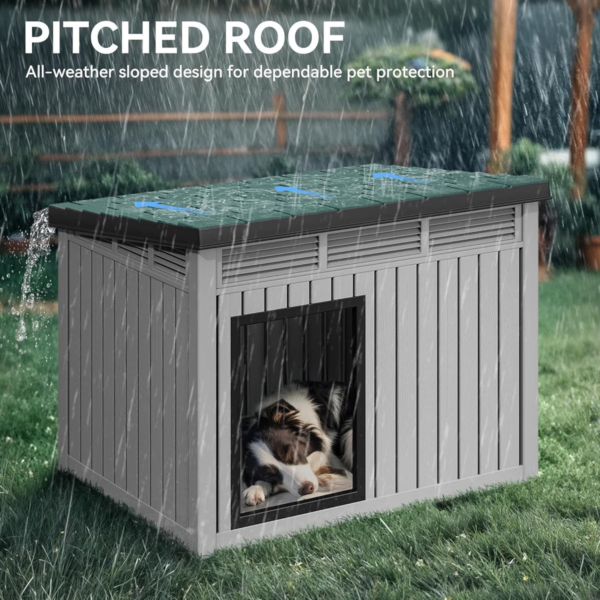 LOJIAWOWE Indoor Outdoor Dog House for Medium to Large Dogs, Weatherproof Asphalt Roof with Removable Floor & Ventilation, Easy-Clean Design (Black)