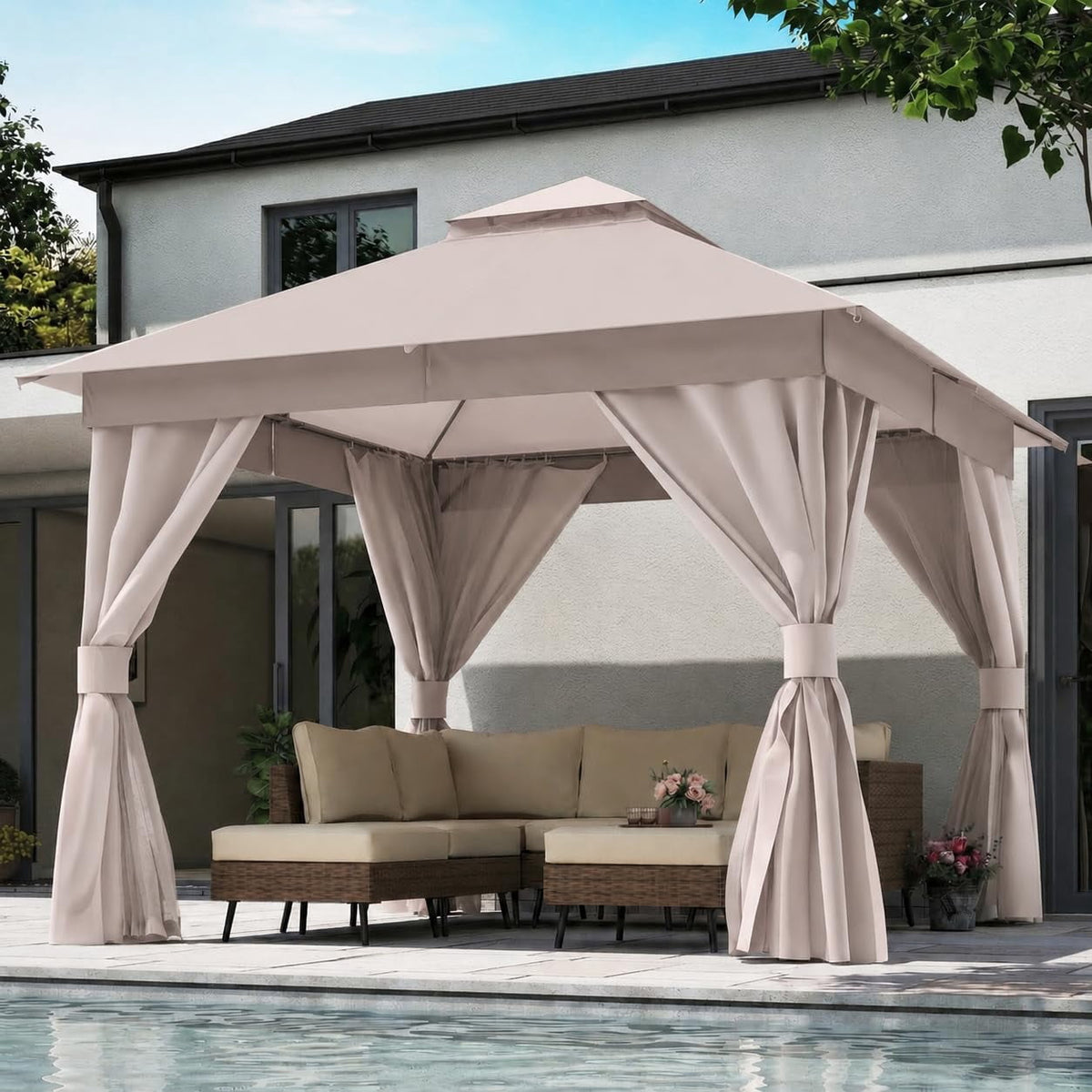 LOJIAWOWE 10x10ft Outdoor Gazebo Canopy Tent with Durable Metal Frame Double Tier Roof Mosquito Netting and Privacy Screens for Patio Garden Yard