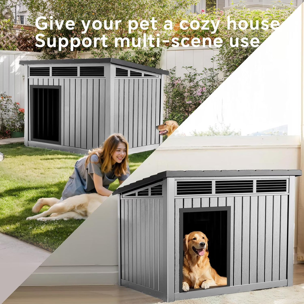LOJIAWOWE Insulated Dog House for Large Dogs Outdoor, Weatherproof Resin Pet House with All-Weather Protection, Easy Assembly (Gray)