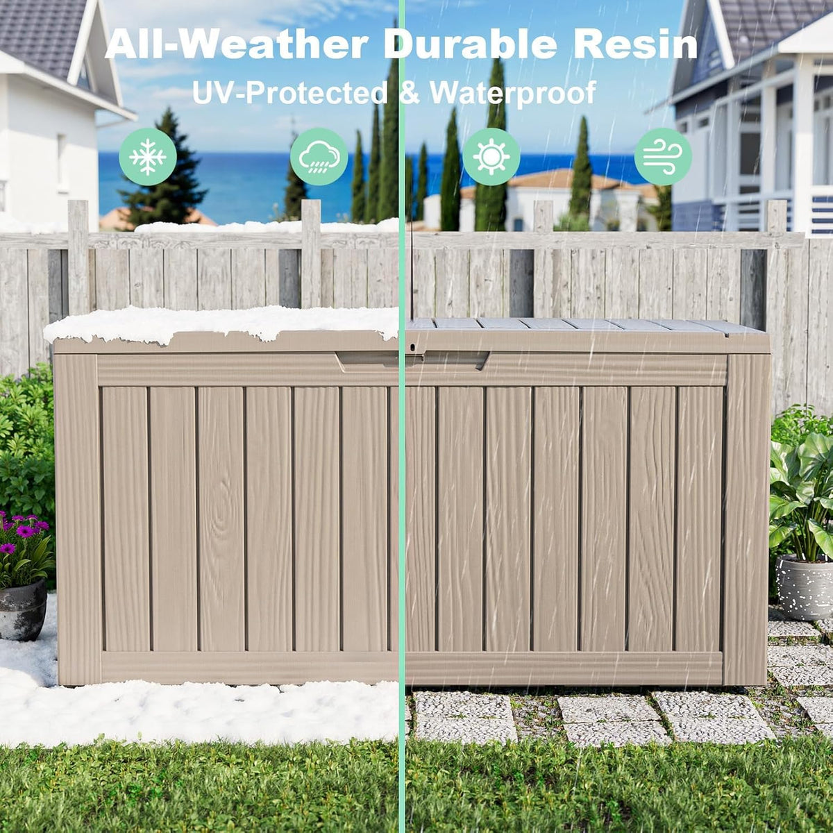LOJIAWOWE 200 Gallon Resin Deck Box, Waterproof Lockable Outdoor Storage Container for Patio Furniture, Pool Supplies, Light Brown