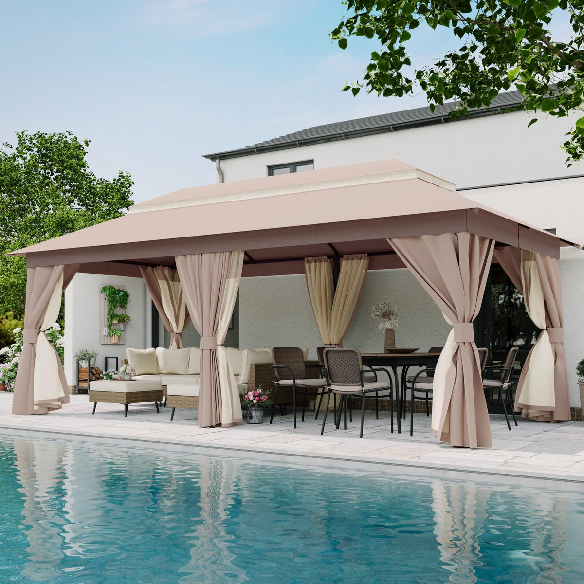 LOJIAWOWE 10x20ft Outdoor Gazebo Canopy with Sturdy Metal Frame Double Roof Design Mosquito Net Curtains Privacy Shelter for Backyard Garden Lawn Khaki