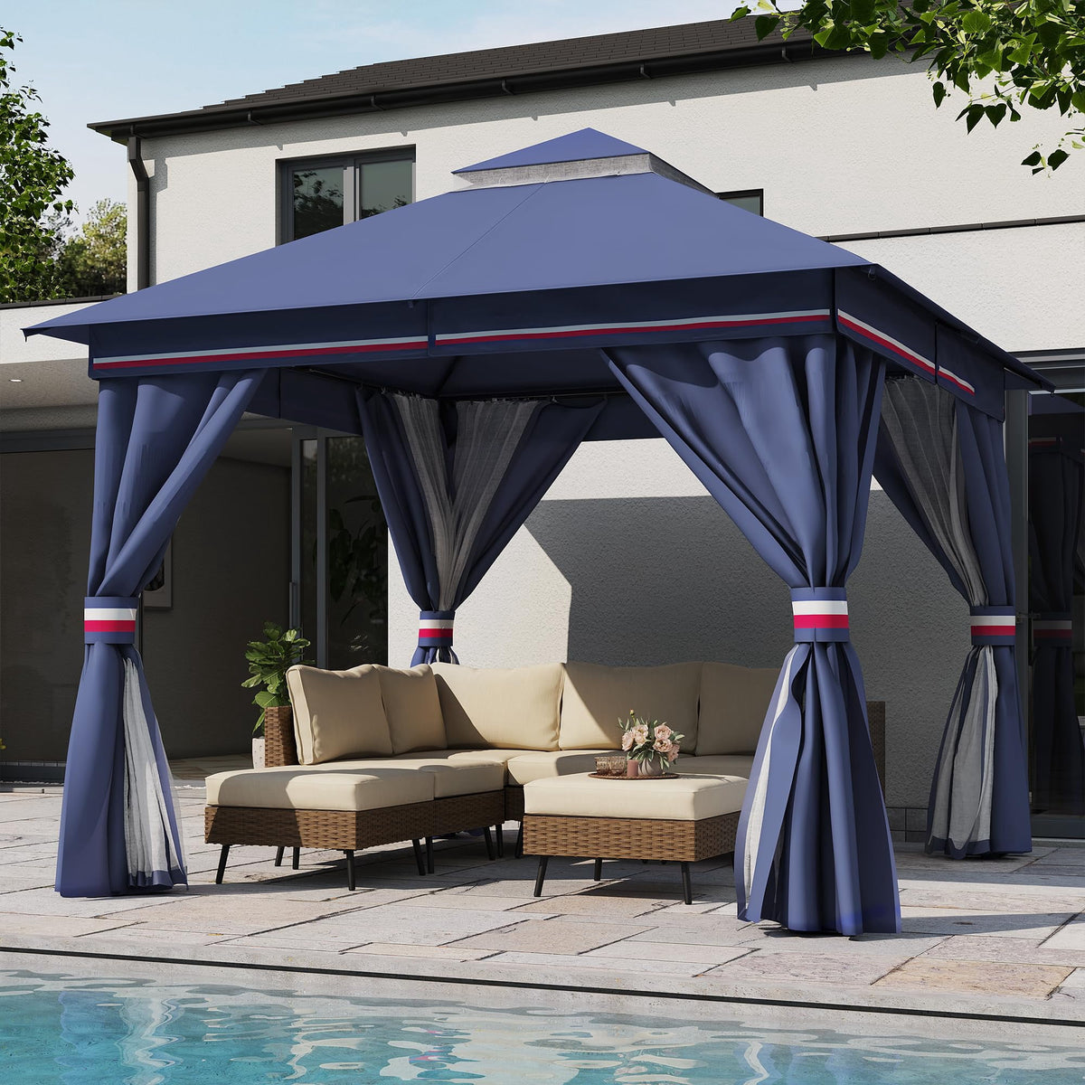LOJIAWOWE 10x10ft Gazebo Canopy with Heavy Duty Metal Frame Double Roof Outdoor Patio Shelter with Mosquito Netting Privacy Curtains for Backyard Garden Lawn