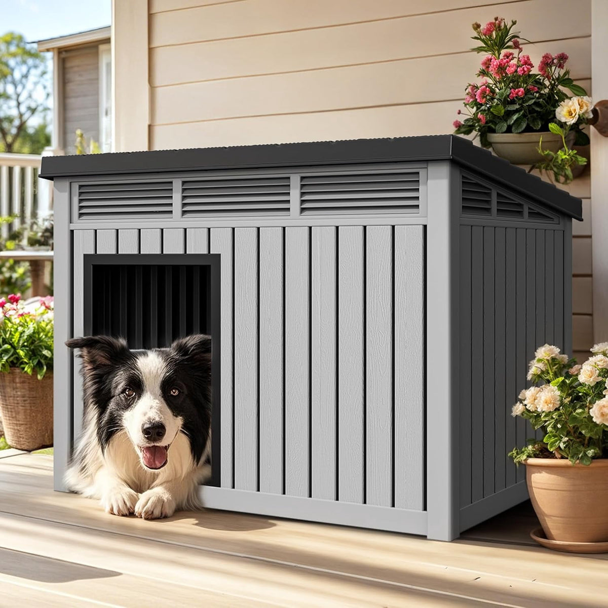 LOJIAWOWE Indoor Outdoor Dog House for Medium to Large Dogs, Weatherproof Asphalt Roof with Removable Floor & Ventilation, Easy-Clean Design (Black)