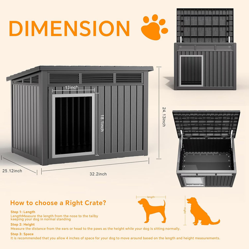 LOJIAWOWE Indoor Outdoor Dog House for Medium to Large Dogs, Weatherproof Asphalt Roof with Removable Floor & Ventilation, Easy-Clean Design (Gray)