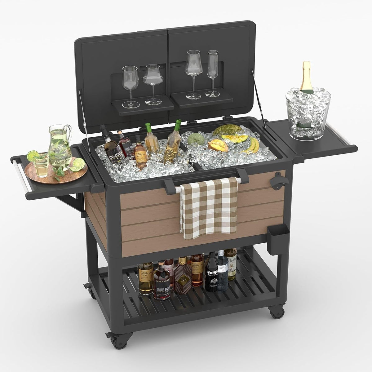 LOJIAWOWE  104 Qt Patio Cooler Cart with Wheels Easy Assembly in 30 Min Heavy Duty Rolling Ice Chest with Built-in Cup Holders and Side Tray for Outdoor BBQ Pool Party Brown