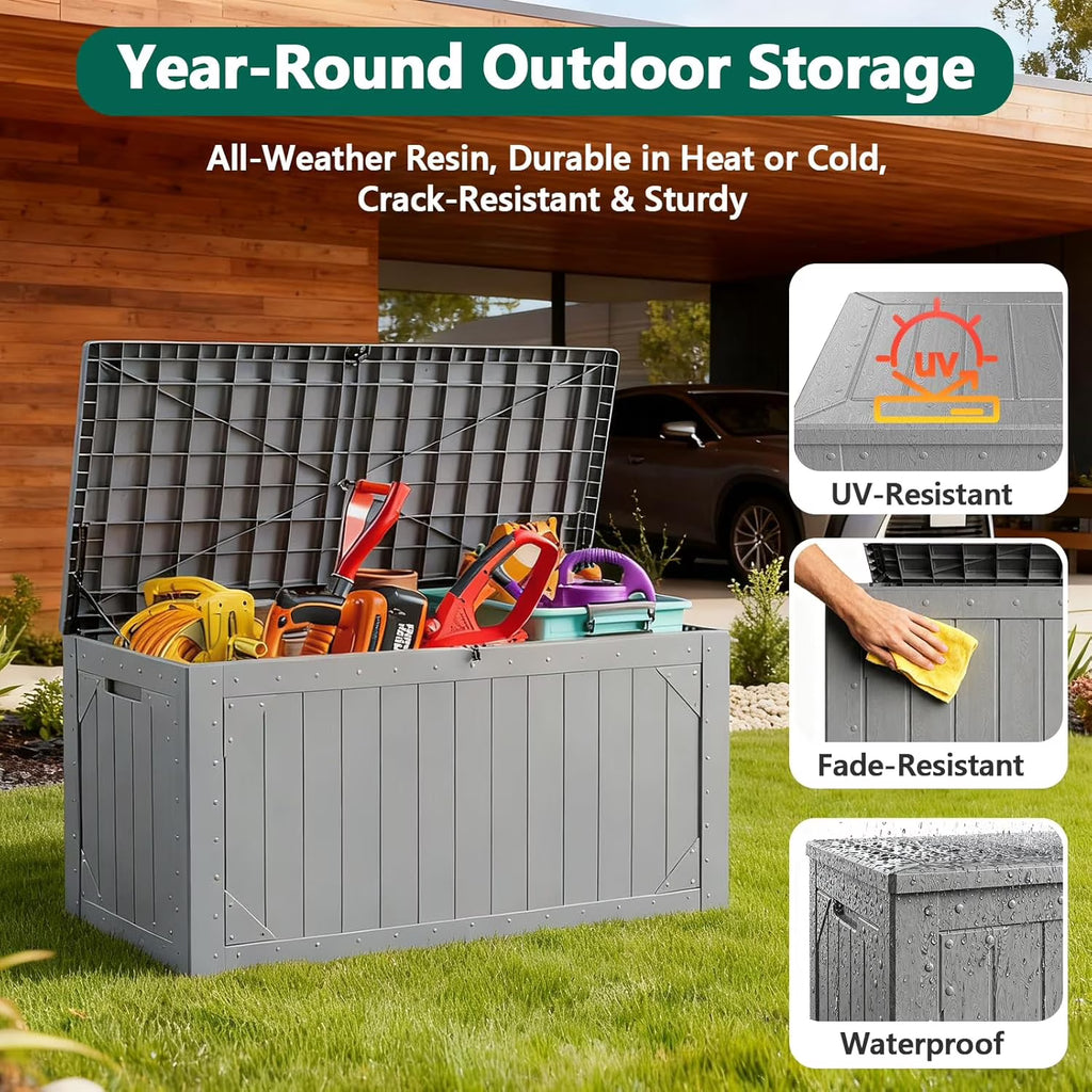 LOJIAWOWE 100 Gallon Resin Deck Box, Waterproof Lockable Outdoor Storage Container for Patio Furniture, Pool Supplies, Gray