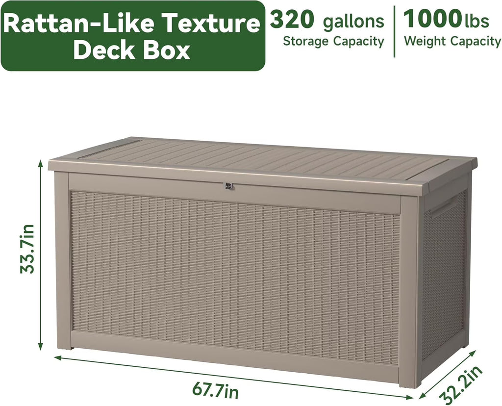 LOJIAWOWE 320 Gallon Resin Deck Box, Waterproof Lockable Outdoor Storage Container for Patio Furniture, Pool Supplies, Light Brown