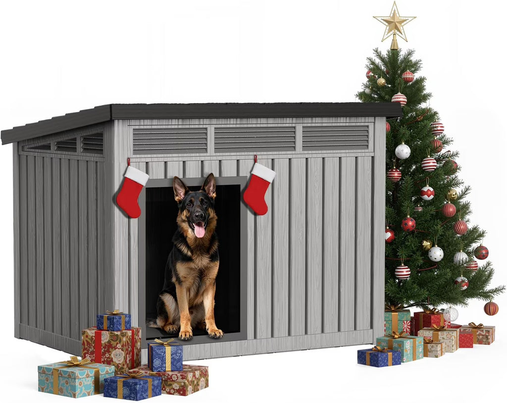 LOJIAWOWE Insulated Dog House for Large Dogs Outdoor, Weatherproof Resin Pet House with All-Weather Protection, Easy Assembly (Gray)