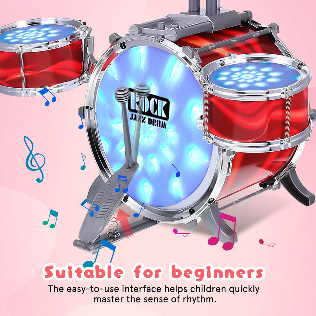 6 Drum Kids Beginner Jazz Drum Kit With Soft Decorative Lights Soft Light Easy Assembly Musical Play Toy For Boys Girls Aged Three Plus Daily Entertainment-Red