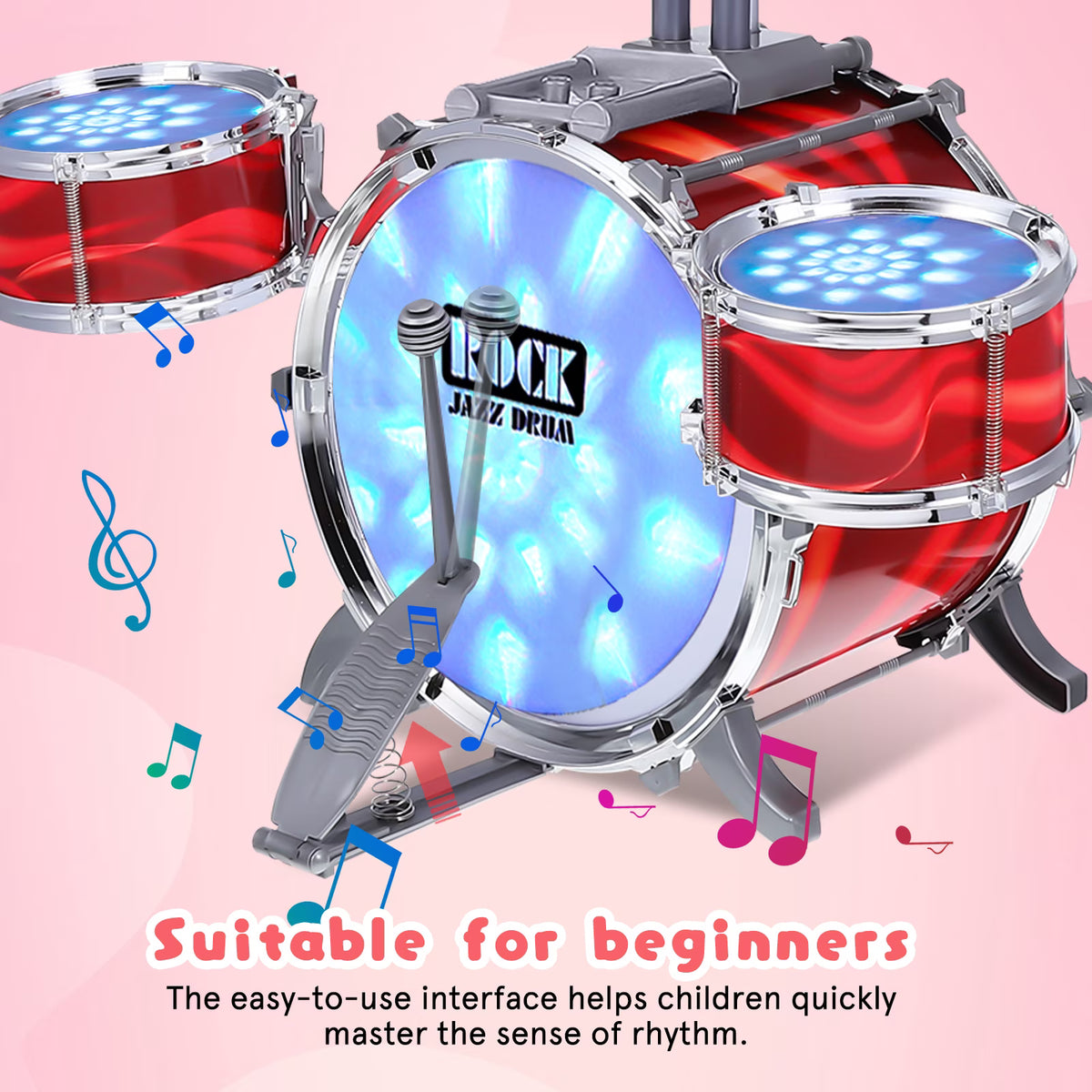 6 Drum Kids Beginner Jazz Drum Kit With Soft Decorative Lights Soft Light Easy Assembly Musical Play Toy For Boys Girls Aged Three Plus Daily Entertainment-Red