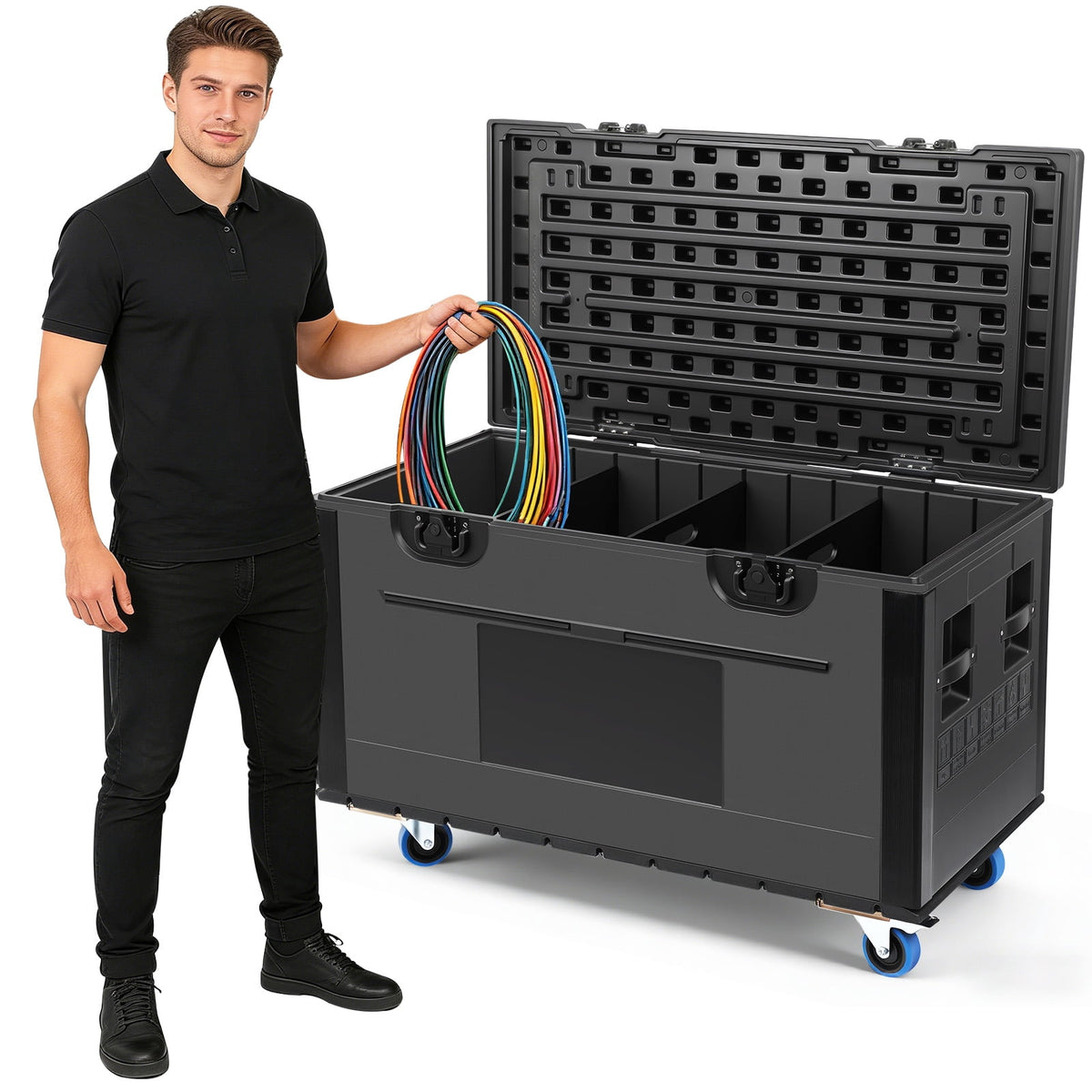 LOJIAWOWE Rolling Cable Storage Road Case With Removable Divider Heavy Duty PE EVA Equipment Transport Box For DJ Audio Stage Gear Storage Black 44.49x29.53x22.44in