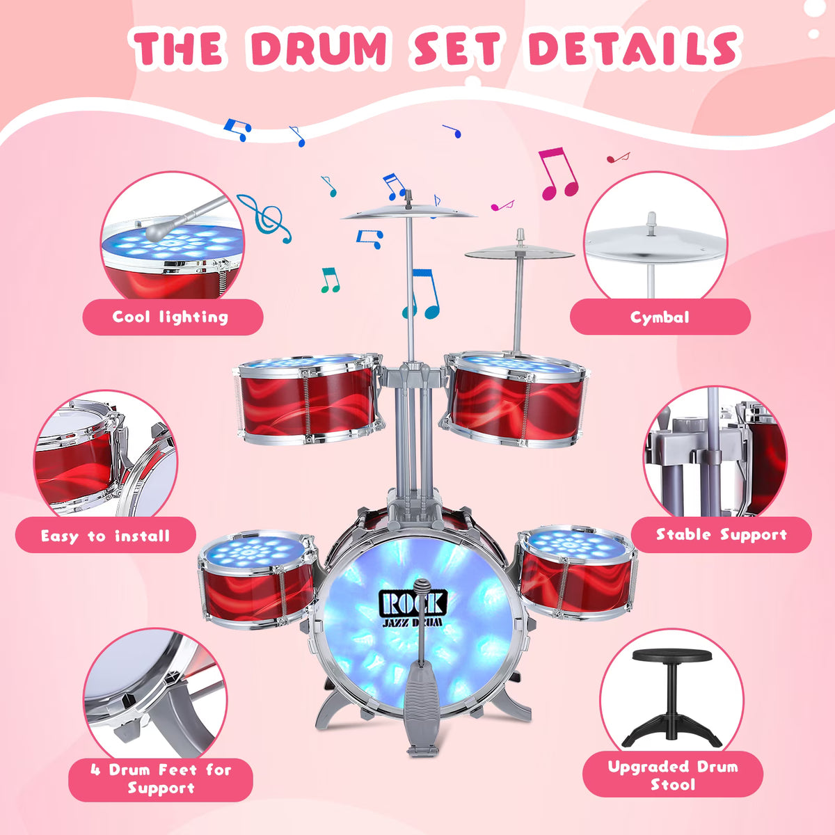 6 Drum Kids Beginner Jazz Drum Kit With Soft Decorative Lights Soft Light Easy Assembly Musical Play Toy For Boys Girls Aged Three Plus Daily Entertainment-Red