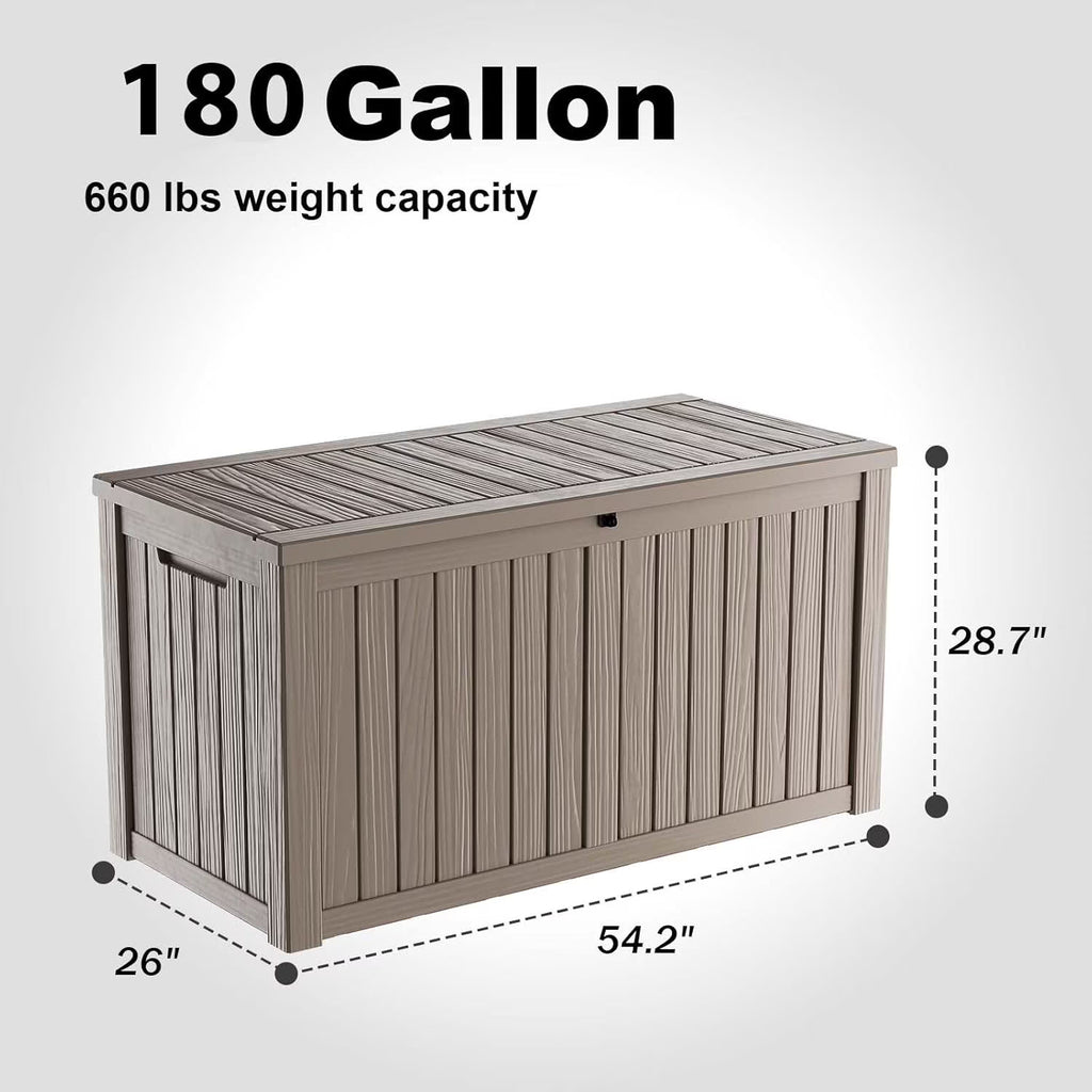 LOJIAWOWE 180 Gallon Resin Deck Box, Waterproof Lockable Outdoor Storage Container for Patio Furniture, Pool Supplies, Light Brown