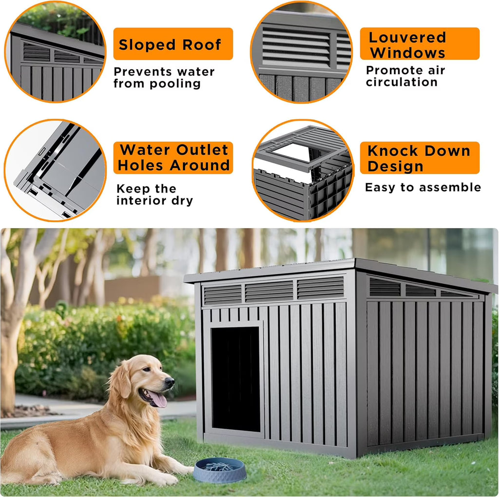LOJIAWOWE Indoor Outdoor Dog House for Medium to Large Dogs, Weatherproof Asphalt Roof with Removable Floor & Ventilation, Easy-Clean Design (Black)