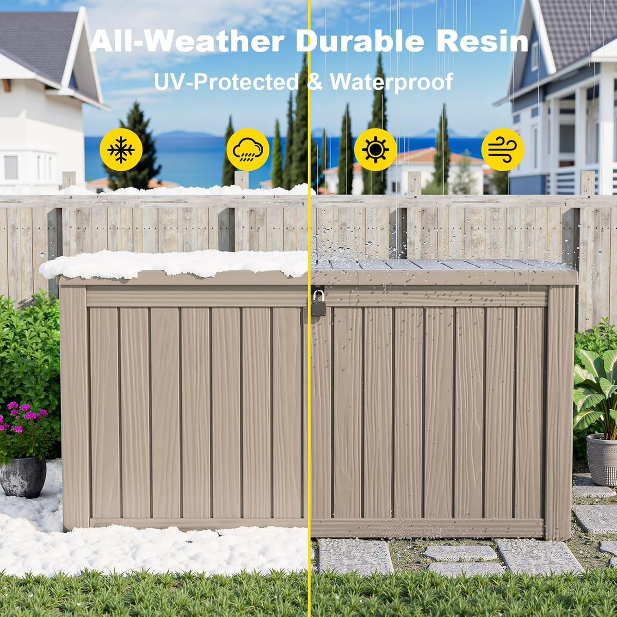 LOJIAWOWE 180 Gallon Resin Deck Box, Waterproof Lockable Outdoor Storage Container for Patio Furniture, Pool Supplies, Light Brown