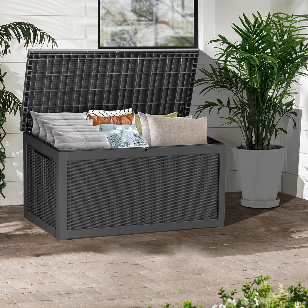 LOJIAWOWE 320 Gallon Resin Deck Box, Waterproof Lockable Outdoor Storage Container for Patio Furniture, Pool Supplies, Black