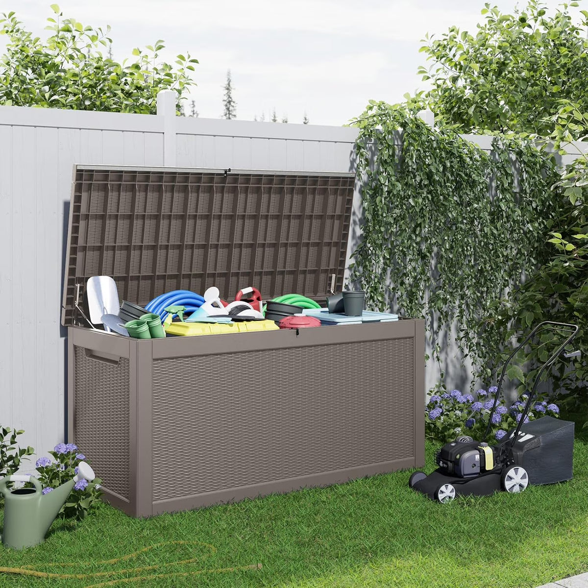 LOJIAWOWE 320 Gallon Resin Deck Box, Waterproof Lockable Outdoor Storage Container for Patio Furniture, Pool Supplies, Light Brown