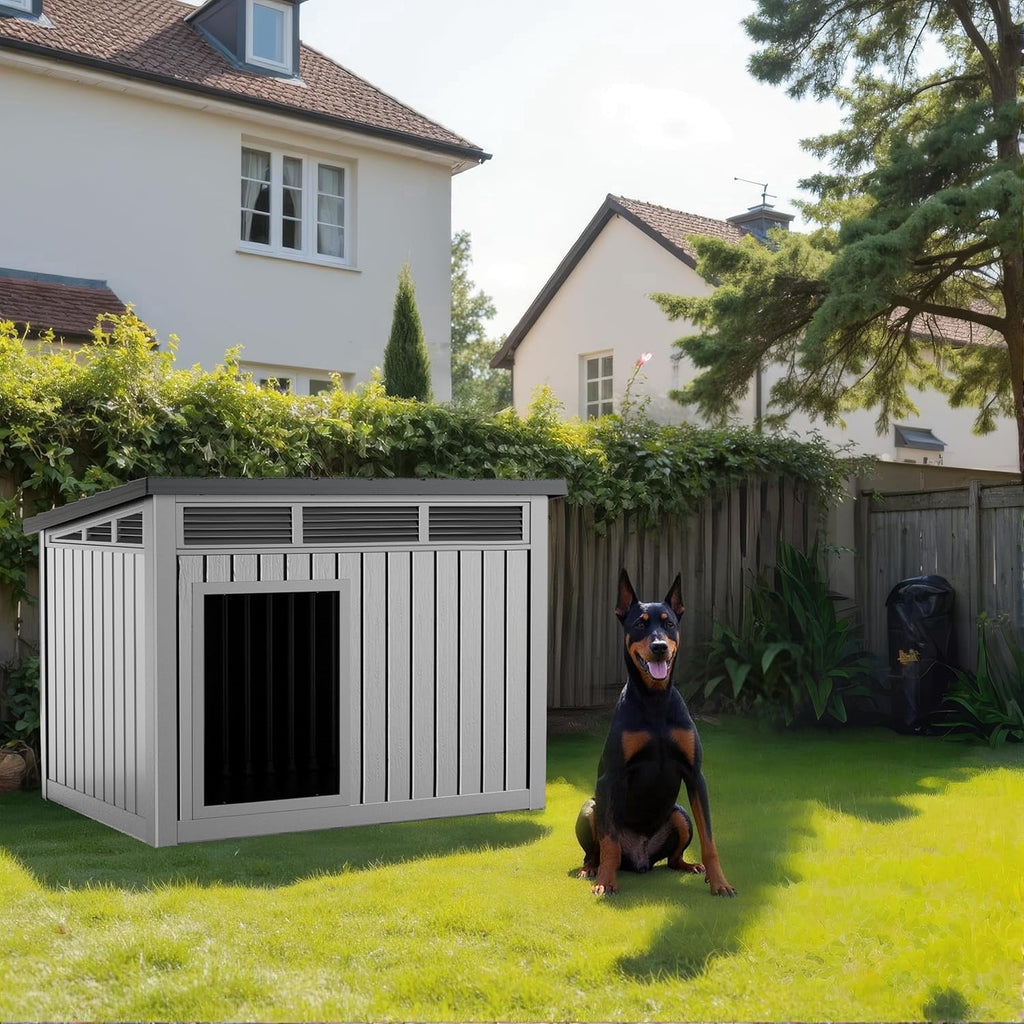LOJIAWOWE Insulated Dog House for Large Dogs Outdoor, Weatherproof Resin Pet House with All-Weather Protection, Easy Assembly (Gray)