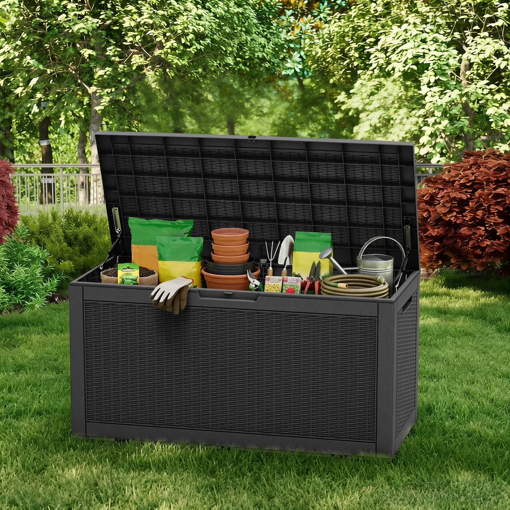 LOJIAWOWE 100 Gallon Resin Deck Box, Waterproof Lockable Outdoor Storage Container for Patio Furniture, Pool Supplies, Black