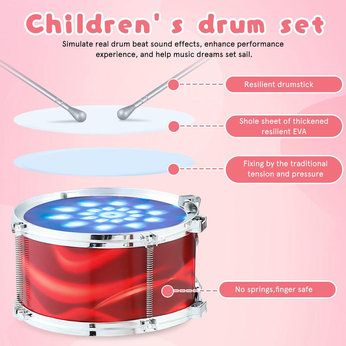6 Drum Kids Beginner Jazz Drum Kit With Soft Decorative Lights Soft Light Easy Assembly Musical Play Toy For Boys Girls Aged Three Plus Daily Entertainment-Red