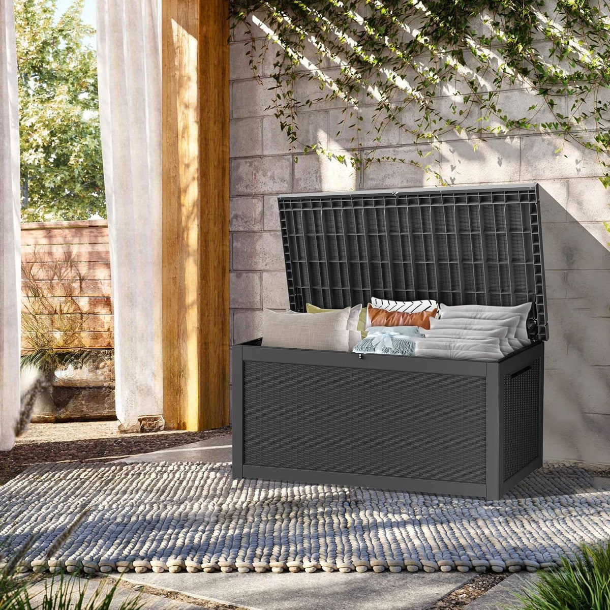 LOJIAWOWE 320 Gallon Resin Deck Box, Waterproof Lockable Outdoor Storage Container for Patio Furniture, Pool Supplies, Black