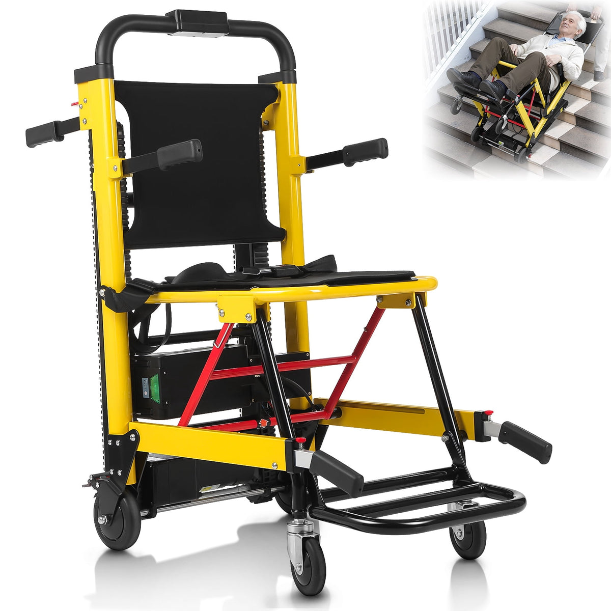 LOJIAWOWE Foldable Aluminum Electric Stair Climbing Wheelchair For Seniors Disabled People Dual Mode Flat And Stair Travel Yellow 480lbs Max Load US Plug 61.70X50.70X20.04in