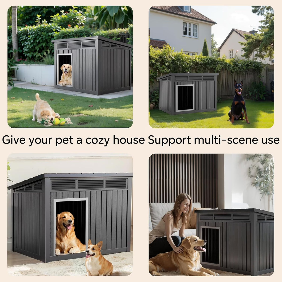 LOJIAWOWE Indoor Outdoor Dog House for Medium to Large Dogs, Weatherproof Asphalt Roof with Removable Floor & Ventilation, Easy-Clean Design (Gray)