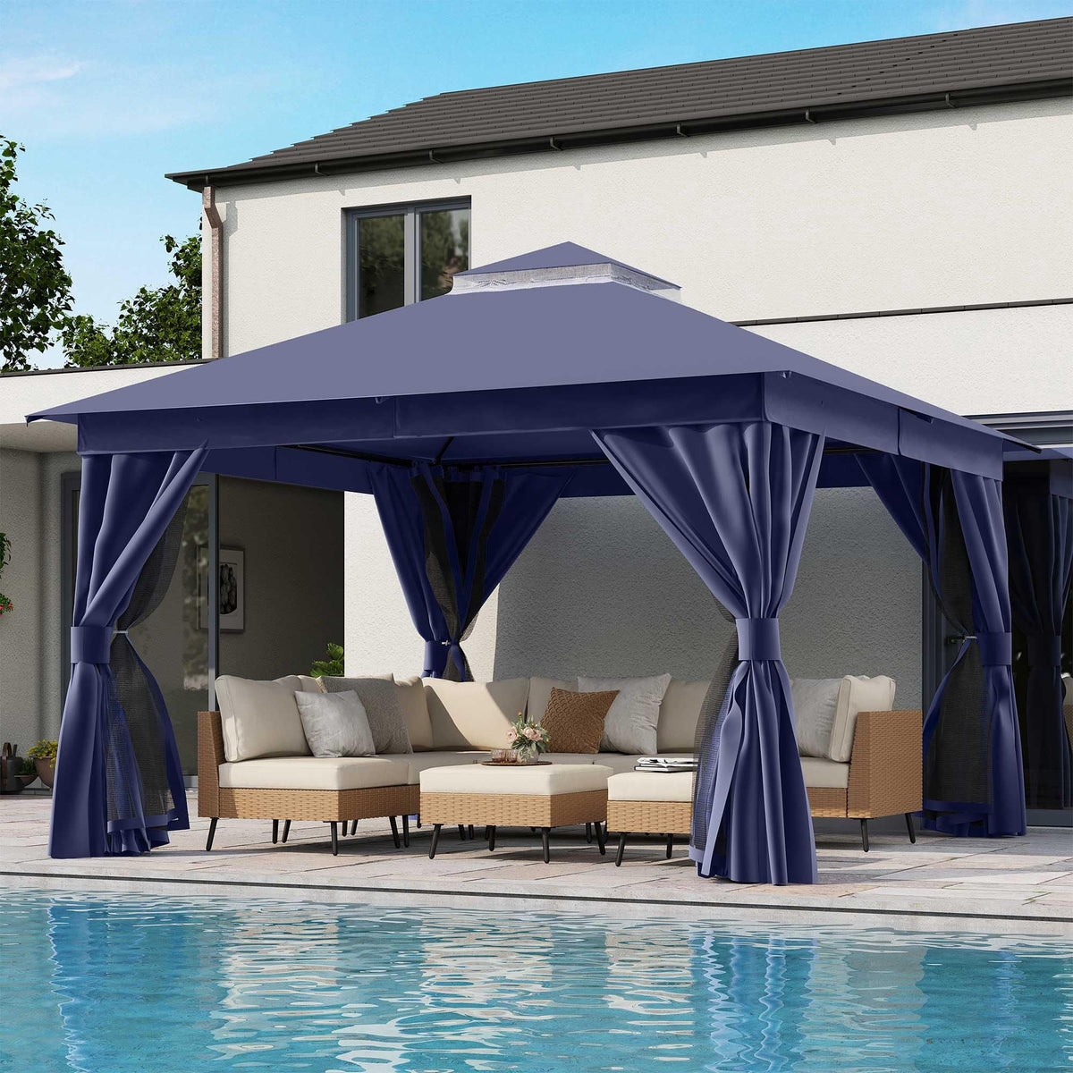 LOJIAWOWE 12x12ft Gazebo Canopy Outdoor Patio Shelter with Heavy Duty Metal Frame Double Roof Mosquito Netting Privacy Curtains for Backyard Garden Lawn