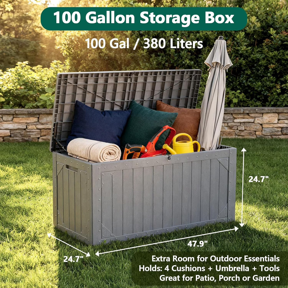 LOJIAWOWE 100 Gallon Resin Deck Box, Waterproof Lockable Outdoor Storage Container for Patio Furniture, Pool Supplies, Gray