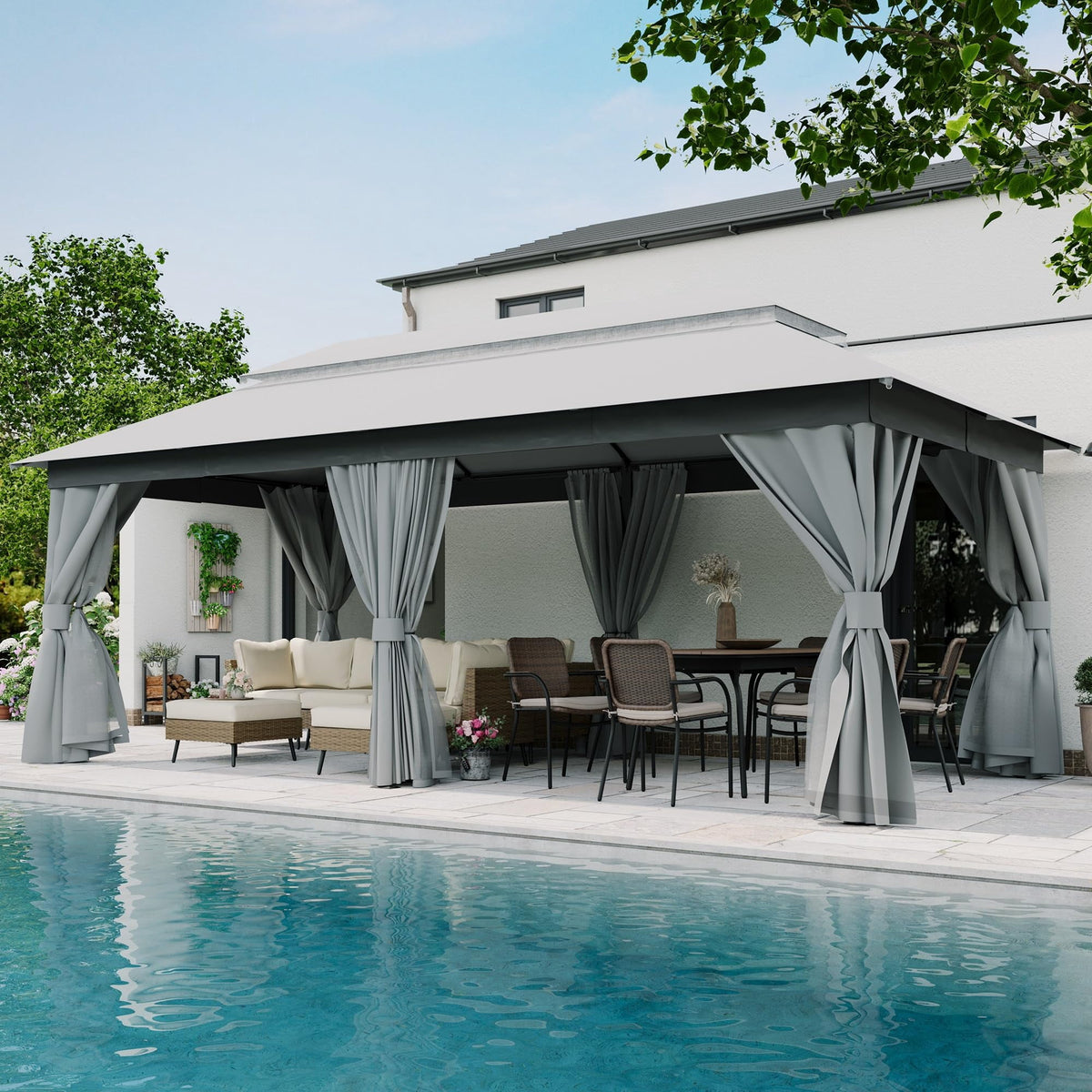 LOJIAWOWE 10x20ft Outdoor Gazebo Canopy Tent with Durable Metal Frame Double Tier Roof Mosquito Netting Privacy Screens for Patio Garden Yard Gray