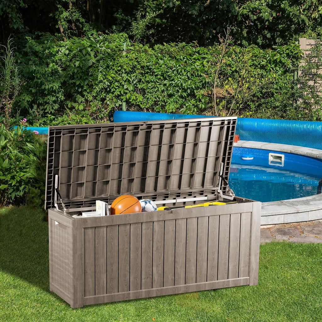 LOJIAWOWE 200 Gallon Resin Deck Box, Waterproof Lockable Outdoor Storage Container for Patio Furniture, Pool Supplies, Light Brown