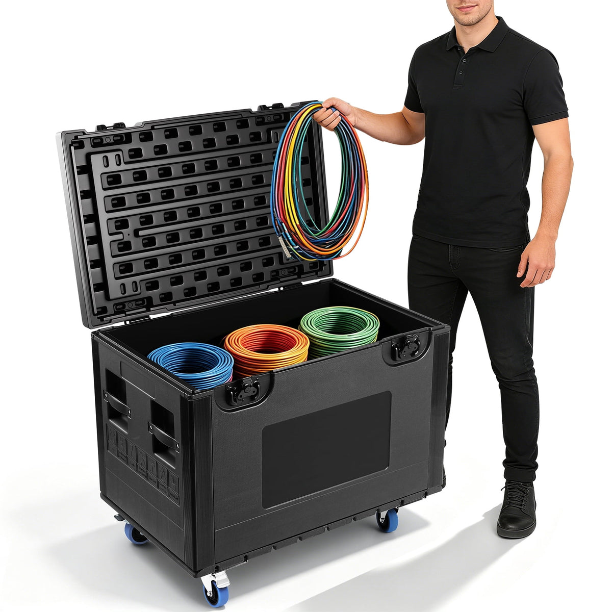 LOJIAWOWE PE Rolling Stackable DJ Equipment Road Case Reinforced Corner Recessed Handle For Stage Audio Gear Transport Storage 1102LBS Load Black 35.43X29.53X22.44in