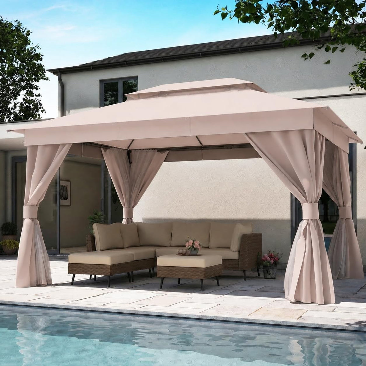 LOJIAWOWE 10x13ft Outdoor Gazebo Canopy Tent with Durable Steel Frame Double Tier Roof Mosquito Netting Privacy Screens for Patio Garden Yard