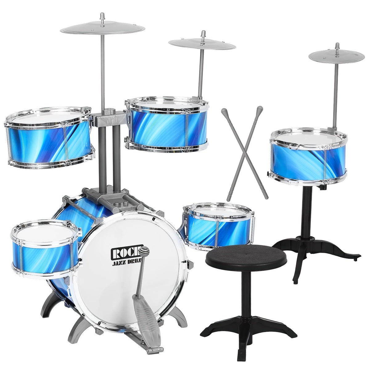 6 Drum Kids Beginner Jazz Drum Set With Soft Decorative Lights Portable Musical Play Toy For Boys Girls Aged Three Plus Daily Entertainment-Blue