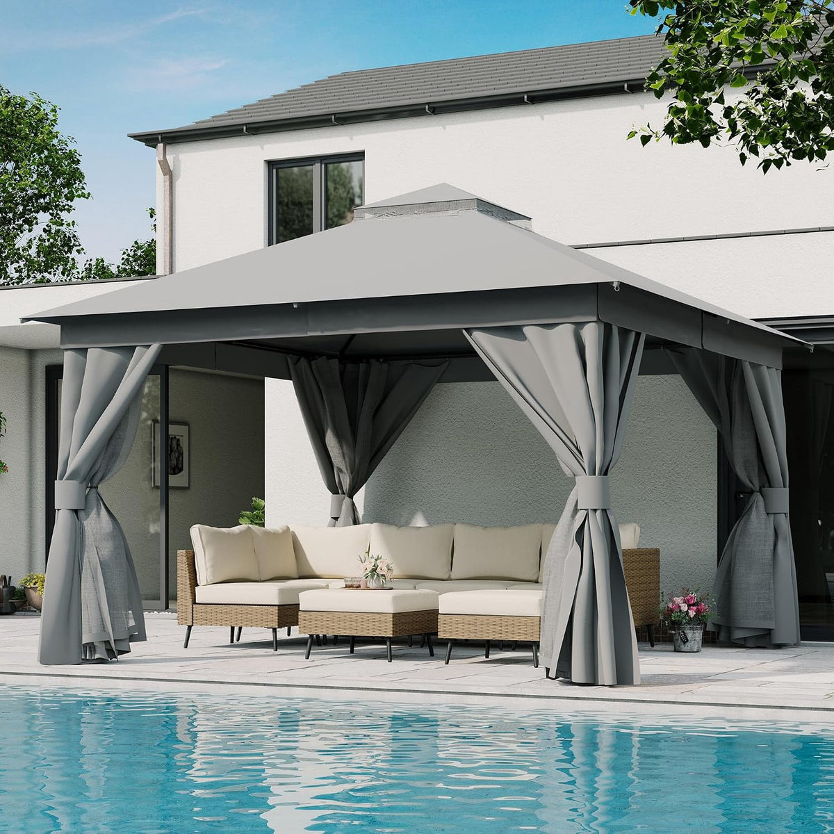 LOJIAWOWE 12x12ft Outdoor Gazebo Canopy Tent with Durable Metal Frame Double Tier Roof Mosquito Netting Privacy Screens for Patio Garden Yard