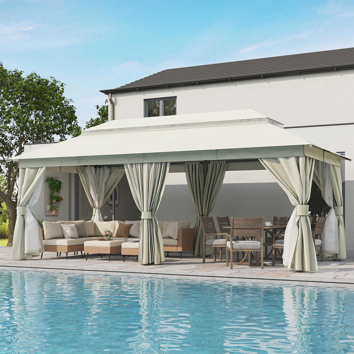 LOJIAWOWE 10x20ft Gazebo Canopy Tent Outdoor Patio Shelter with Reinforced Metal Frame Double Layer Roof Mosquito Netting Privacy Panels for Garden Yard Cream White