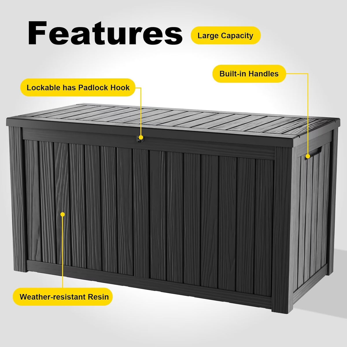 LOJIAWOWE 270 Gallon Resin Deck Box, Waterproof Lockable Outdoor Storage Container for Patio Furniture, Pool Supplies, Black