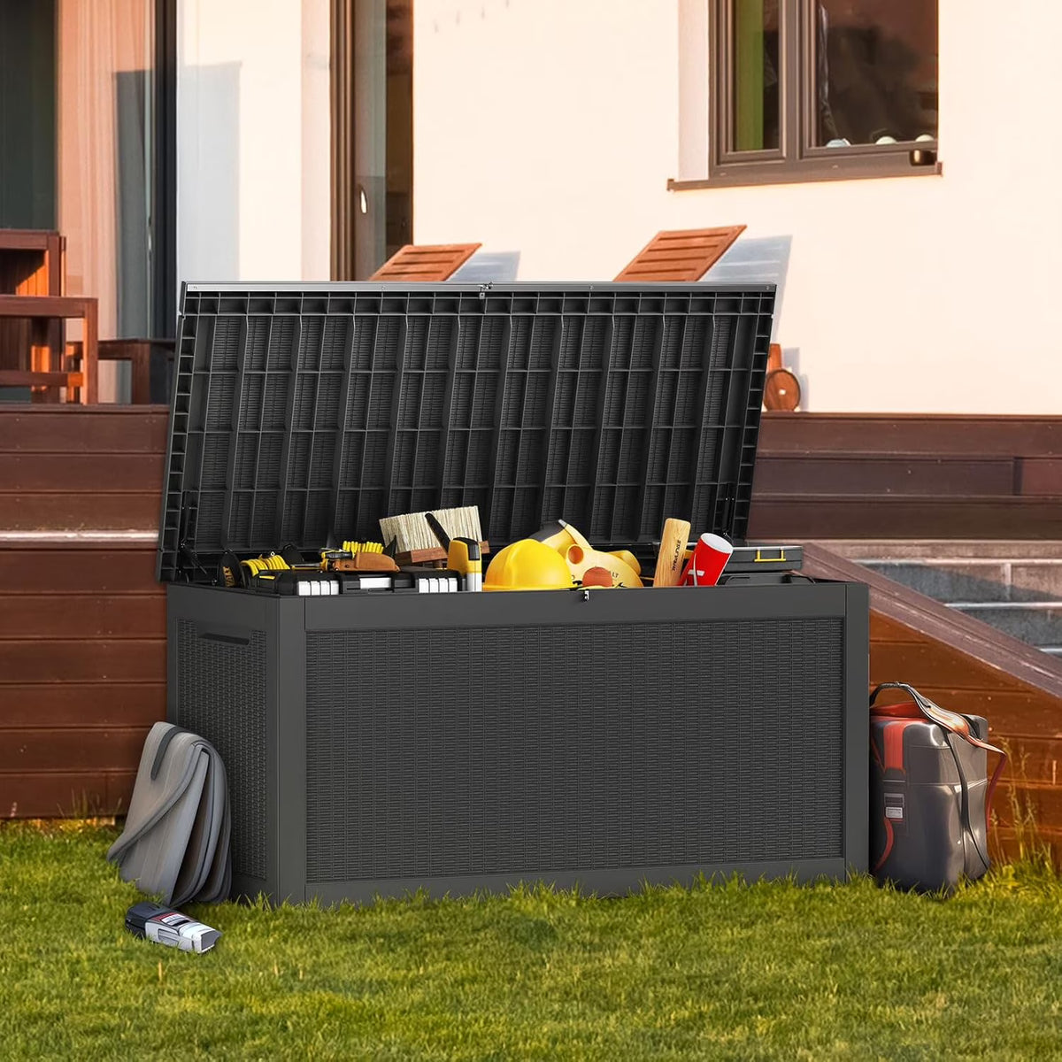 LOJIAWOWE 320 Gallon Resin Deck Box, Waterproof Lockable Outdoor Storage Container for Patio Furniture, Pool Supplies, Black